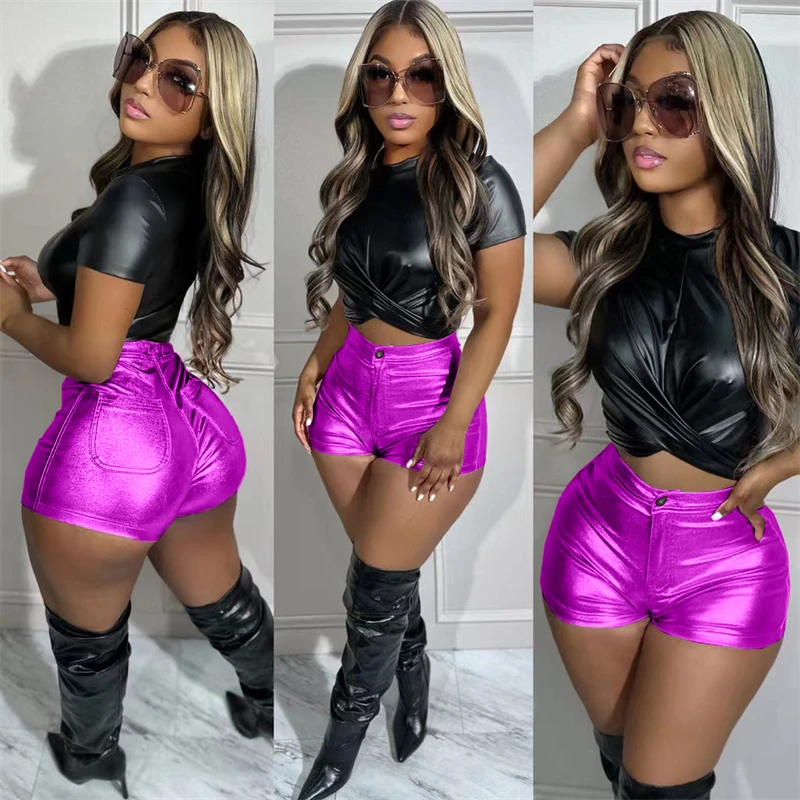 Sparkling PU Leather Summer Shorts Women New Popular Biker Shorts Sexy Zipper Fly Slim Casual Pants Y2K Night Club Hot Trousers