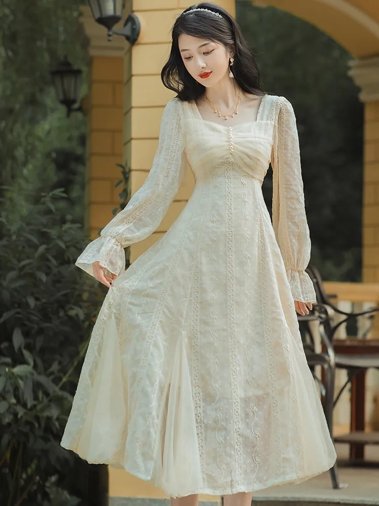 

Summer Lace Elegance Lady Dress 2022 New Long Women Retro Thin Slim High Waist Square Collar Feminine Casual Pearl Vintage
