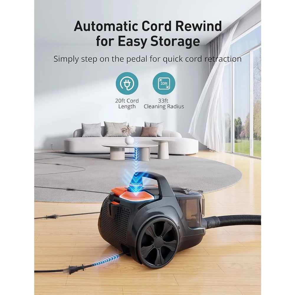 Canister Vacuum Cleaner, 1200W Lightweight Bagless Vacuum Cleaner, 3.7QT Capacity, Automatic Cord Rewind, 5 Tools, HEPA Filter 4