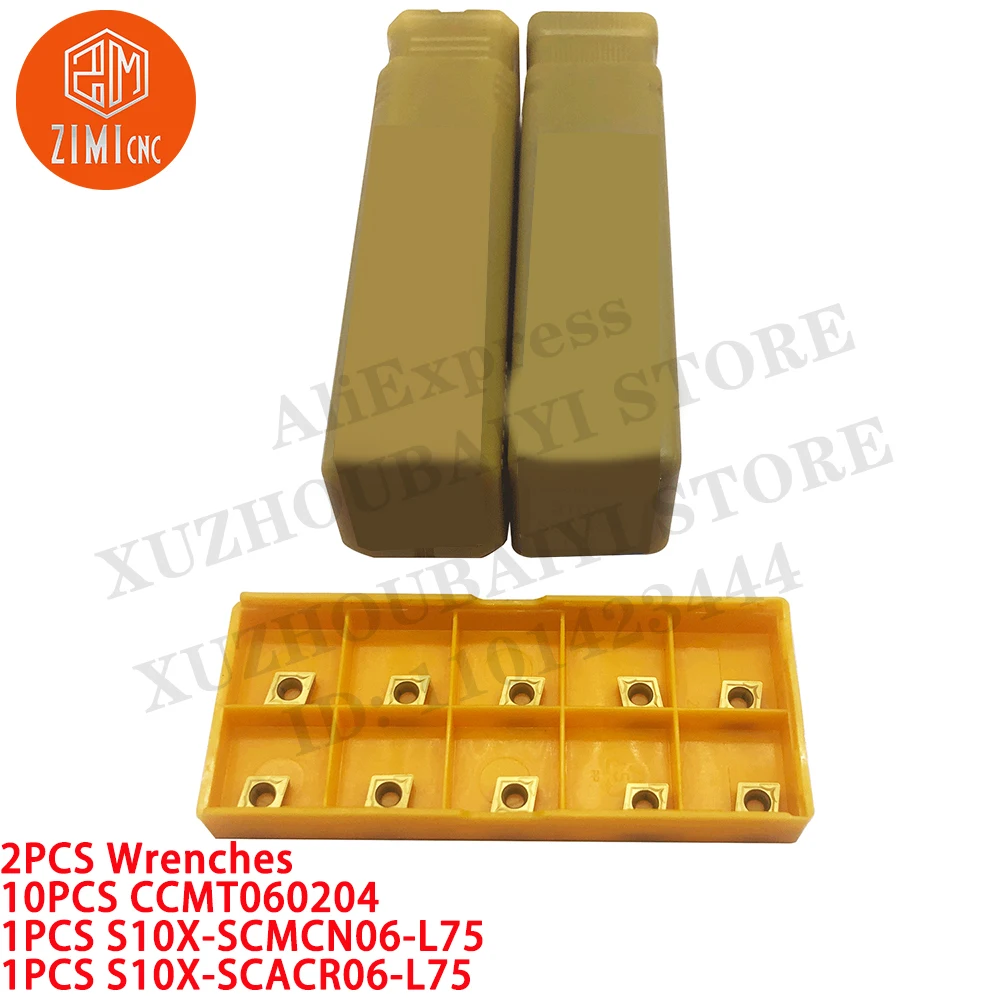 2PC S10X-SCMCN06-L75 + S10X-SCACR06-L75 Lather Turning Tool Holder Boring bar +10PCS CCMT060204 CNC Tool Carbide Turning Inserts