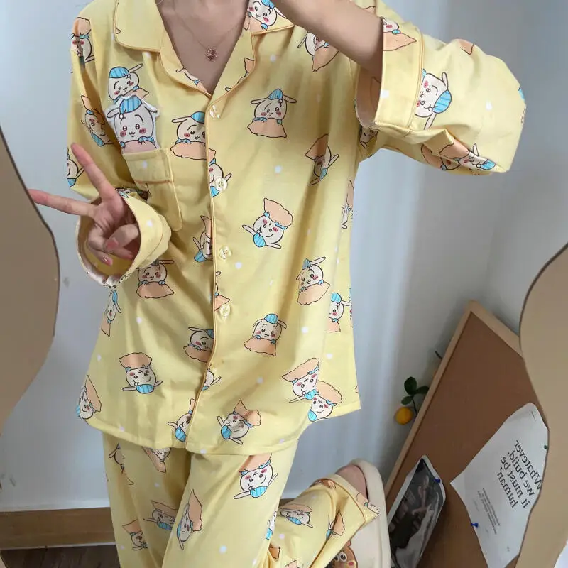 2Pcs Anime Chiikawa 순수 코튼 잠옷 세트 Usagi Homewear 라운드 넥 탑 바지 세트 Hachiware 귀여운 가정 의류 세트 선물