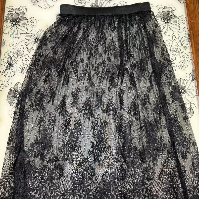 Women Sexy Mesh Lace Transparent Long Tulle Skirt Korean Fashion Summer Ladies Elastic High Waist Black White Beach Midi Skirt 6