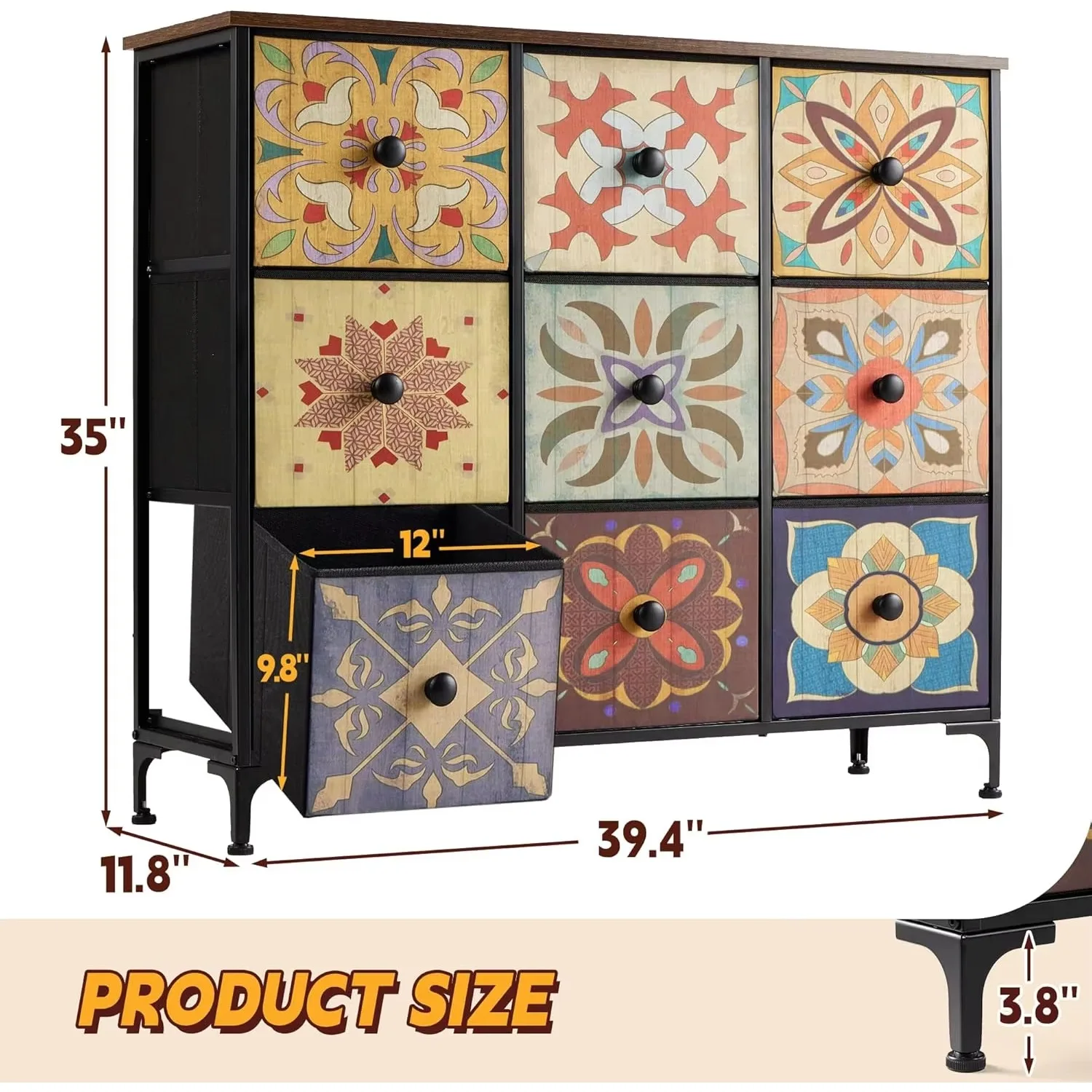 Dresser for Bedroom with 9 Drawers Boho Dressers & Chest of Drawers Fabric 9 Drawer Dresser for Closet, Entryway, Wooden Top 3