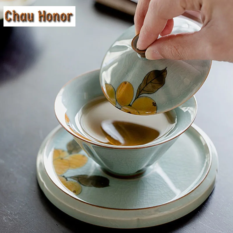 100ml Boutique Borneol Glaze Ceramic Tea Tureen Pure Hand-painted Loquat Art Sancai Covered Bowl Tea Maker Gaiwan Kung Fu Teaset