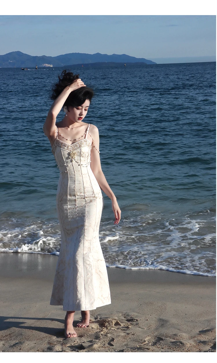 Summer Women Gorgeous Party Mermaid Prom Dress Spaghetti Strap Pearl Beading Ruffles Dress Feminine Backless Trumpet Long Dress
