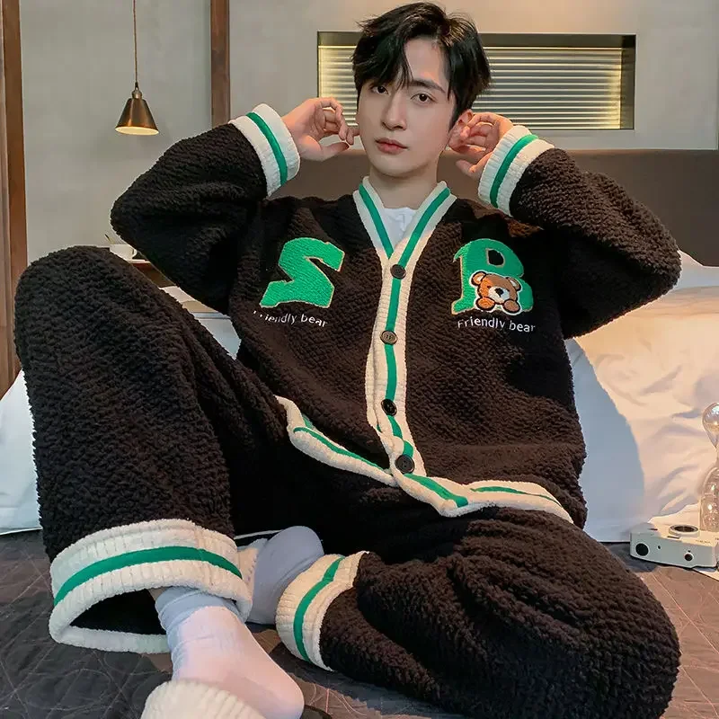 2024 New Coral Velvet Pajamas Men Autumn Winter Thickened Plush Flannel Sleepwear Teenagers Large Sizes V-neck Warm Homewear