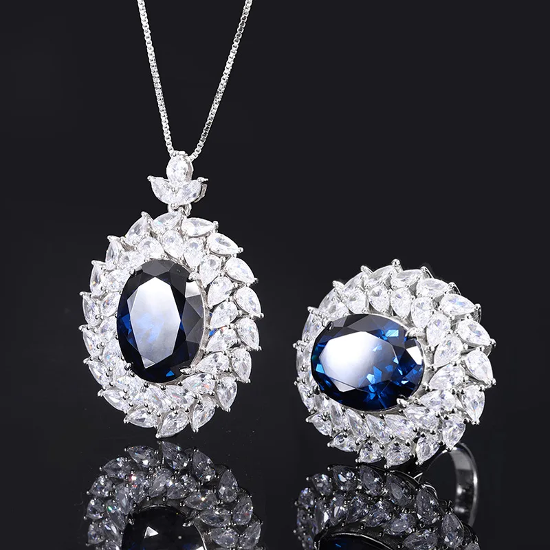 

S925 Sterling Silver Lab Created Sapphire Luxury Jewelry Set For Women Pendant Necklace Ring Free Shipping Valentine's Day Gift