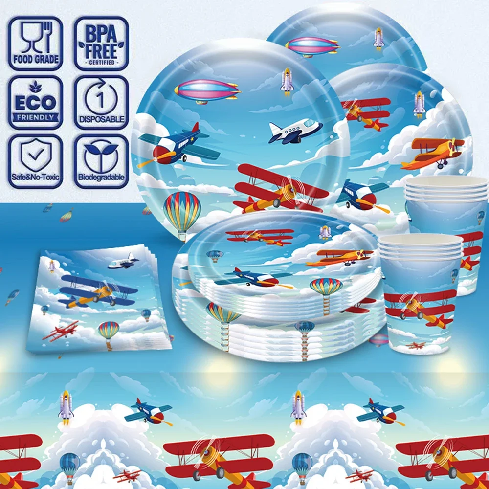Flugzeug-Party-Dekoration, Teller, Tassen, blauer Himmel, weißes Geschirr-Set, Luftballons für Jungen, Kinder, Flieger, Flug, Geburtstag, Partyzubehör – Detail 2