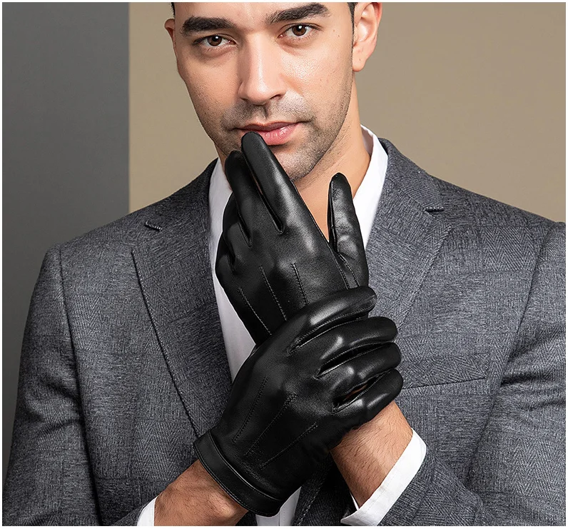 男性用の本革手袋,薄い,本物のシープスキン,暖かい運転用,黒,新しい