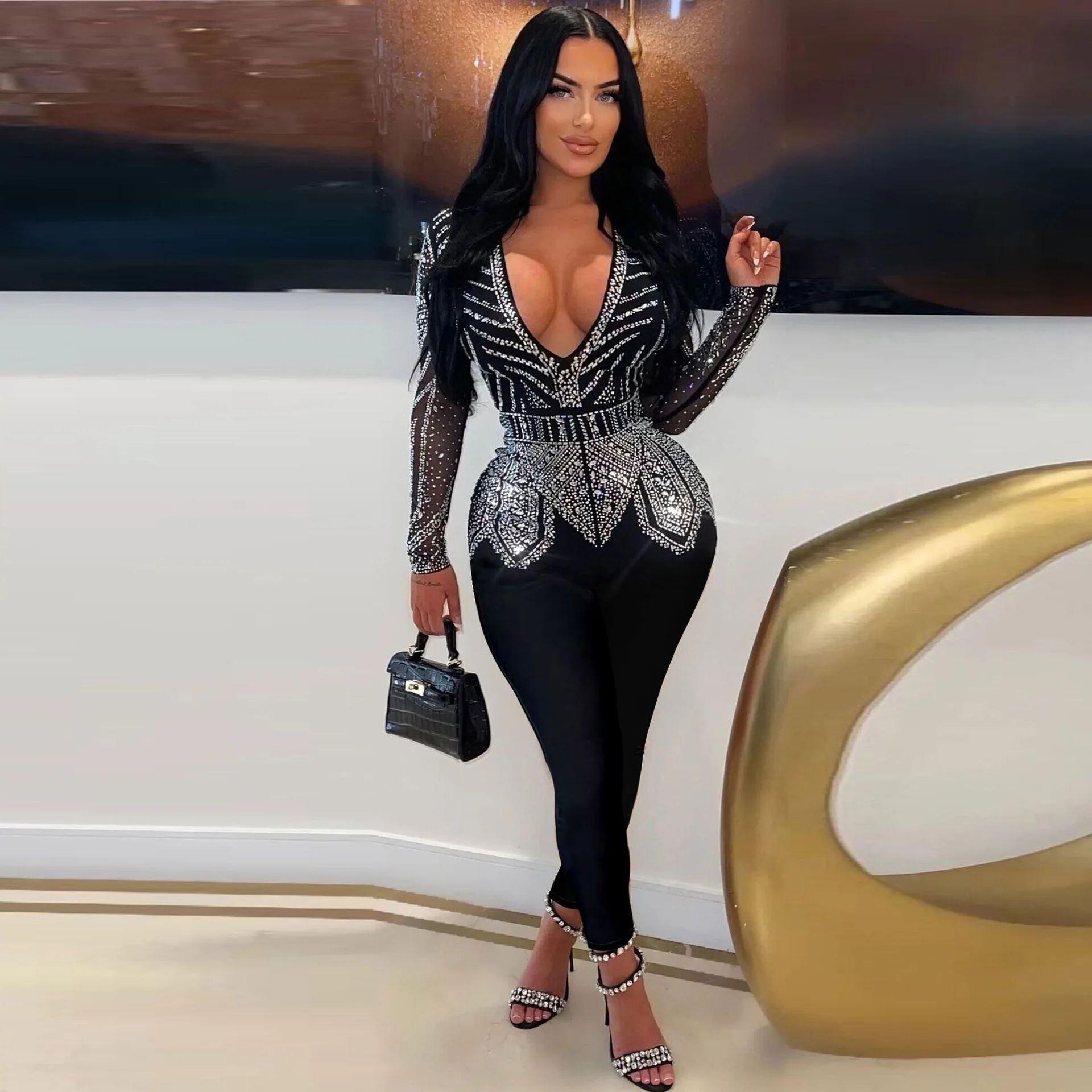 Luxury Deep V-neck Mesh Long Sleeve Night Club Party Romper Birthday Outfits Women Sparkly Diamonds Rhinestone Jumpsuit jumpsuit elegant sheer mesh patch rhinestone 2023 autumn spring woman long jumpsuits female temperament clothing outfits