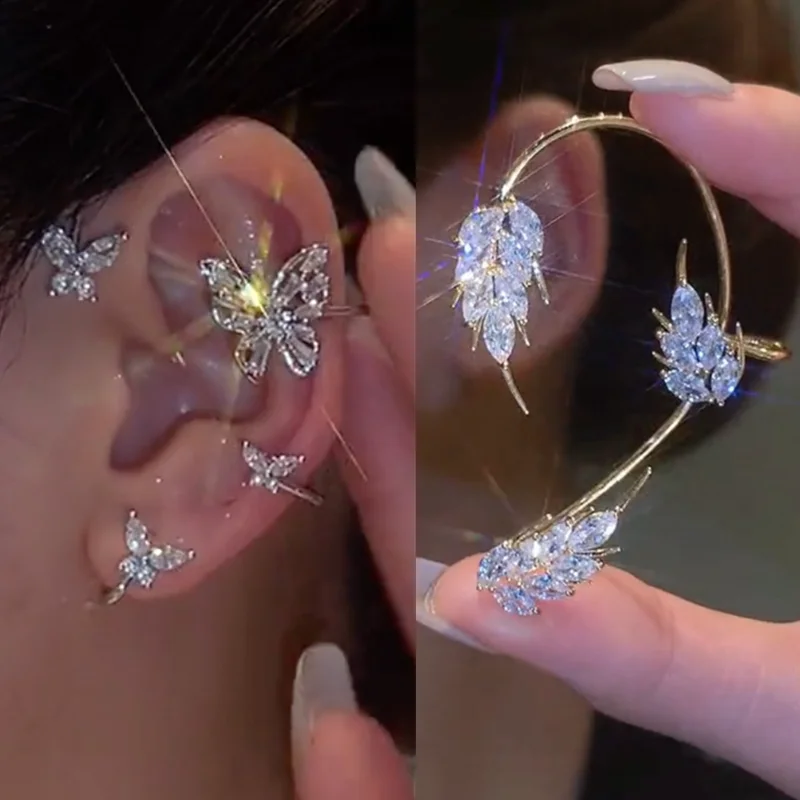 Butterfly Feather Ear Clips Without Piercing For Women Sparkling Zircon Ear Cuff Clip Earrings Wedding Jewelry