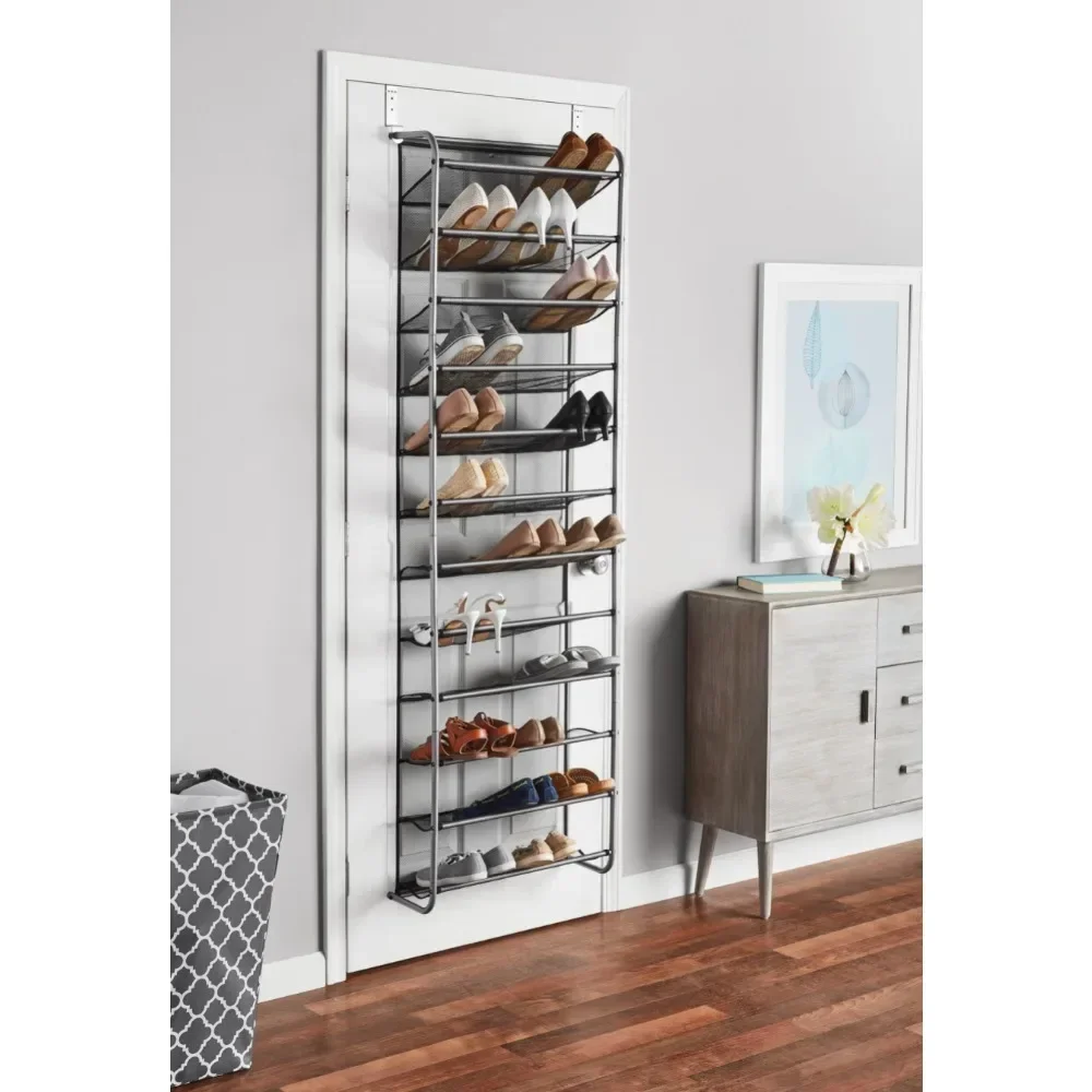 

The 12-tier door shoe rack can accommodate 36 pairs of metal shoe racks and gray shoe racks for storage