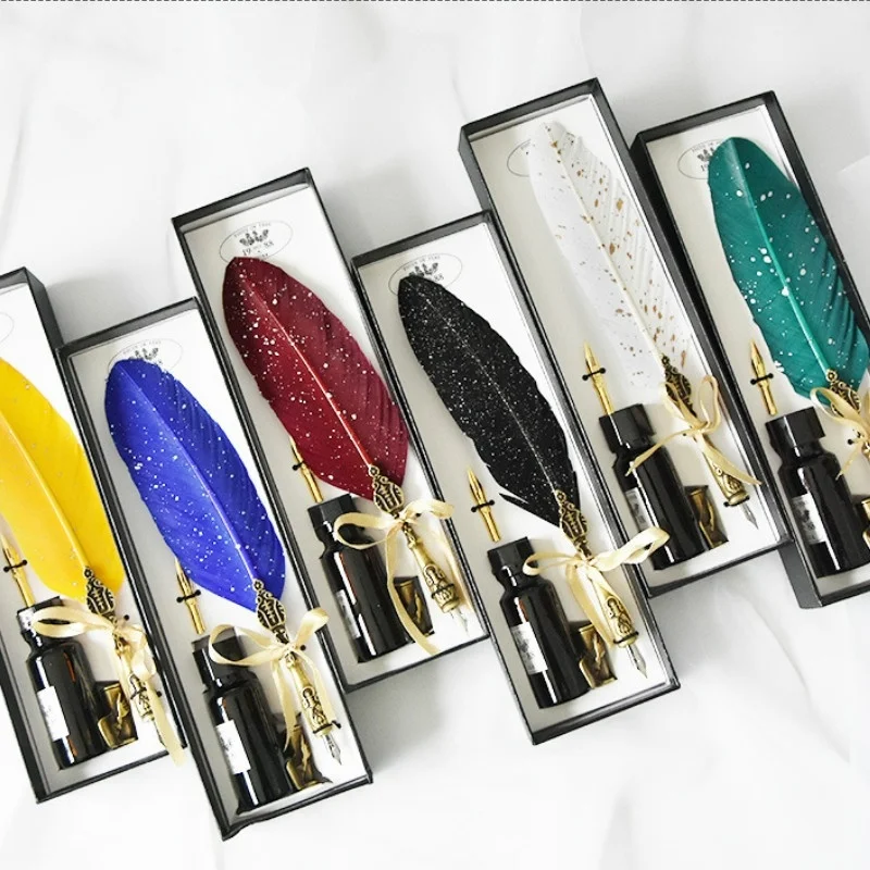 

Retro Feather Pen Goose Feather Pen Ink Pen Dip Water Metal Fountain Pen Set Birthday Gift Box School Supplies Stationery