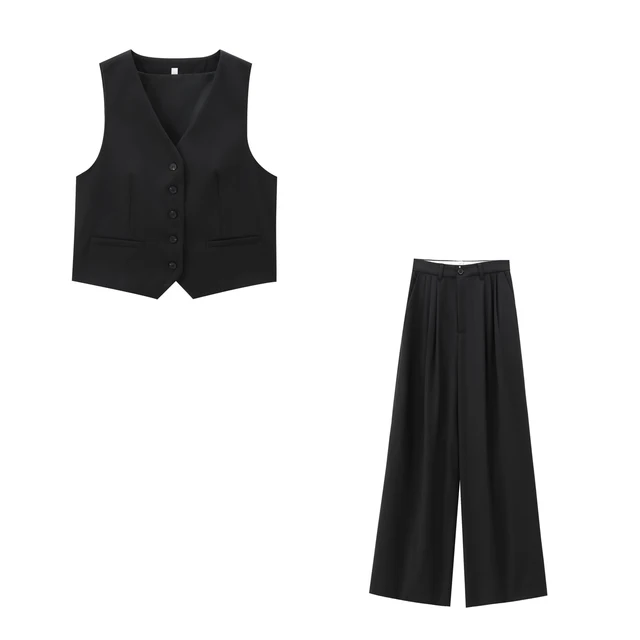 2025 Spring and Autumn New Two Piece Set Wide Leg Pant Suit Work Office Vest Top+Double Fold Pants Women's Fashion Set 2