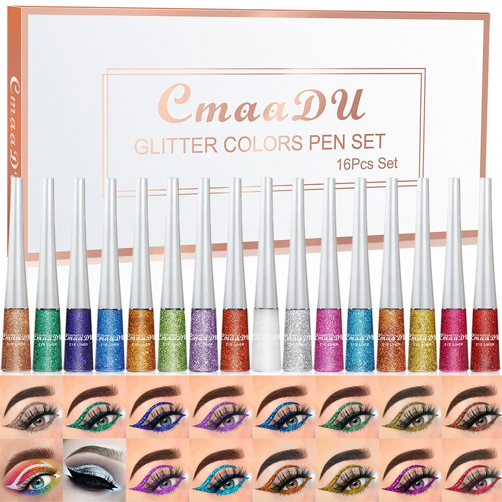 

CmaaDu 16 Colors/Set Glitter Liquid Eyeliner Waterproof Long Lasting Eye Liner Make Up Set Instrumentos De Maquillaje DC08