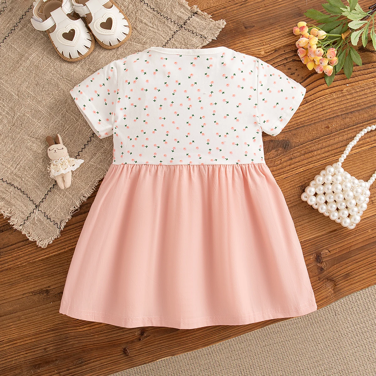 فستان بناتي قطعتين زهور وأرنب