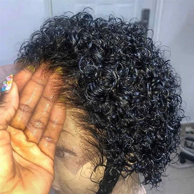 Perruque coupe lutin Transparent dentelle avant perruque de cheveux humains court crépus bouclés Bob perruques brésilien vague d'eau perruques de cheveux humains pour les femmes 1