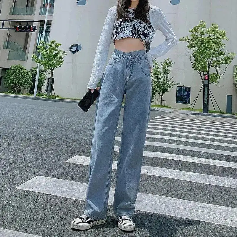 Casual Straight Jeans Woman High Waist Denim Wide Leg Pants Trousers Baggy Streetwear Y2K Loose Blue Gray Korean Mom Cute Jeans versace jeans couture Jeans