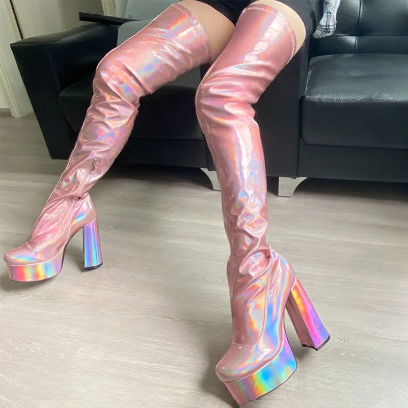 

2024 Cosplay Women Spring Platform Thigh Boots Side Zipper Chunky Heels Round Toe Pretty Colorful Club Shoes Plus US Size 5-15