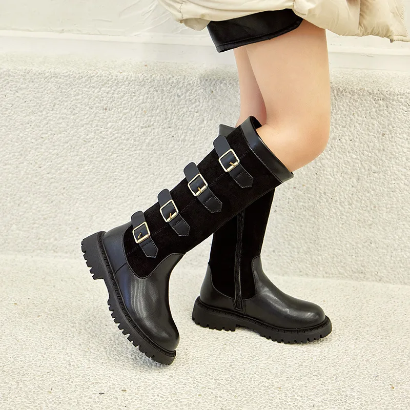 Kids'Boots 솔리드 컬러 PU 가죽 패션 가을 무릎 높이 부츠 소녀용 미끄럼 방지 통기성 블랙 브라운 신발 사이즈 27-37
