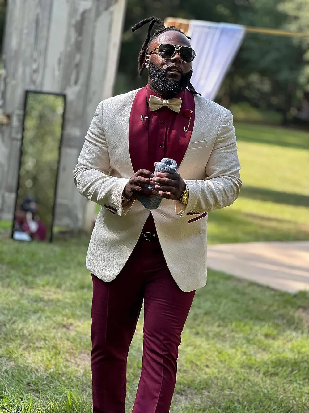 Mens Jacquard Suits for Wedding Groom Shawl Collar Tuxedo Slim Fit Blazer 2 Piece Jacket Pant Set High Quality Costume Homme