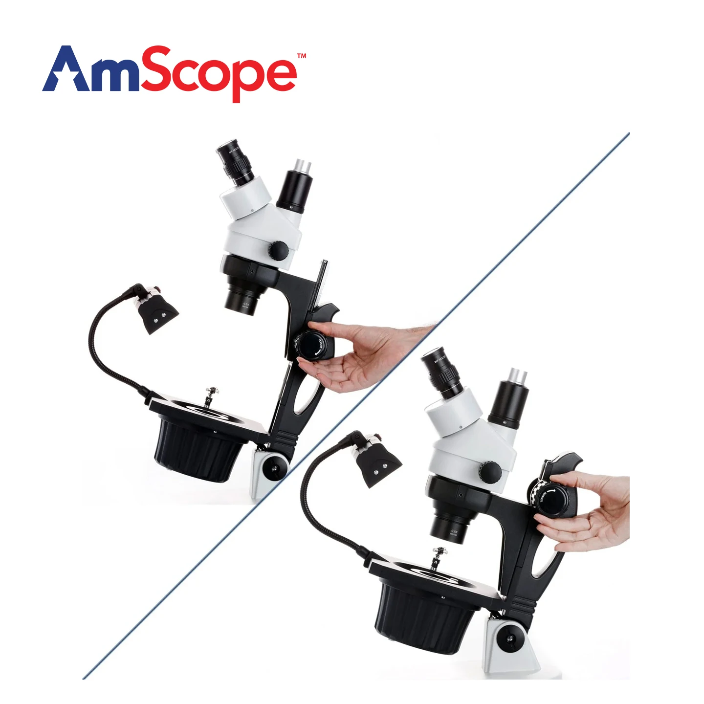 AmScope GM400 시리즈 고급 보석/귀금속 줌 삼안 실체 현미경(트랙 스탠드 포함)