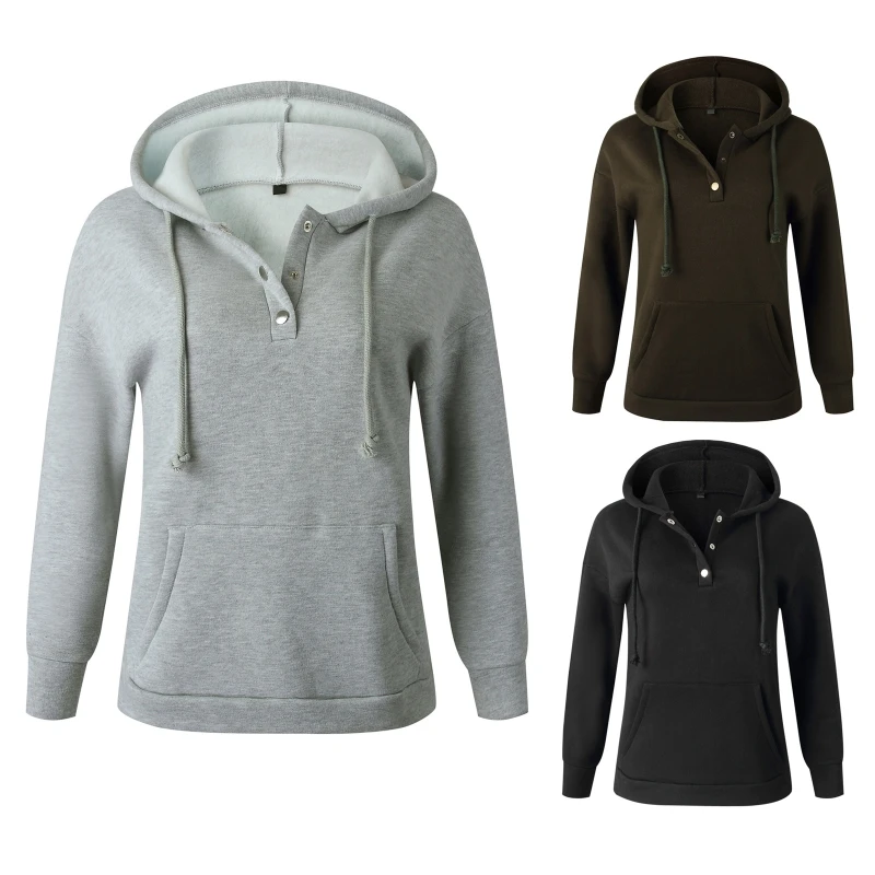 

Women Long Sleeve 1/4 Button Up Drawstring Hoodies Solid Color Loose Sweatshirt Autumn Pullover Tunic Tops with Pocket N7YE