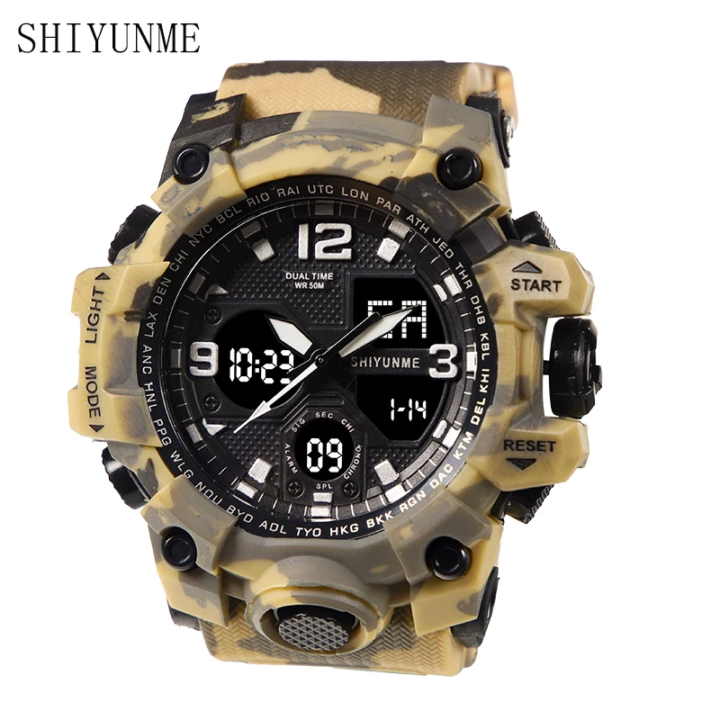 SHIYUNME Watch Men Military Sport Dual Time Display Digital Quartz Watches 50m Waterproof Auto Date Week Stopwatch часы reloj 