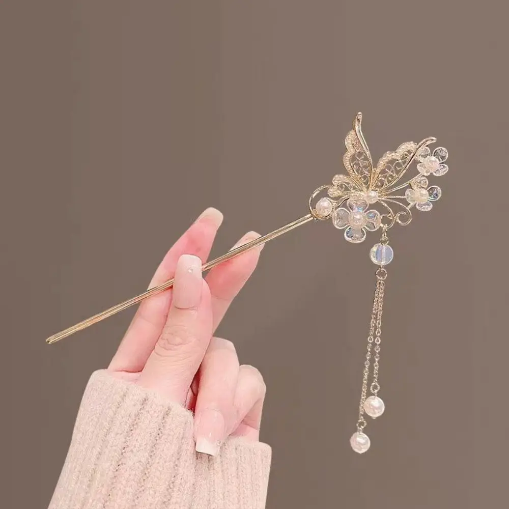 Pearl Pendant Butterfly Hairpin Chinese Style Hair Accessories Rhinestone Cloud Hairpin Alloy Ancient Style