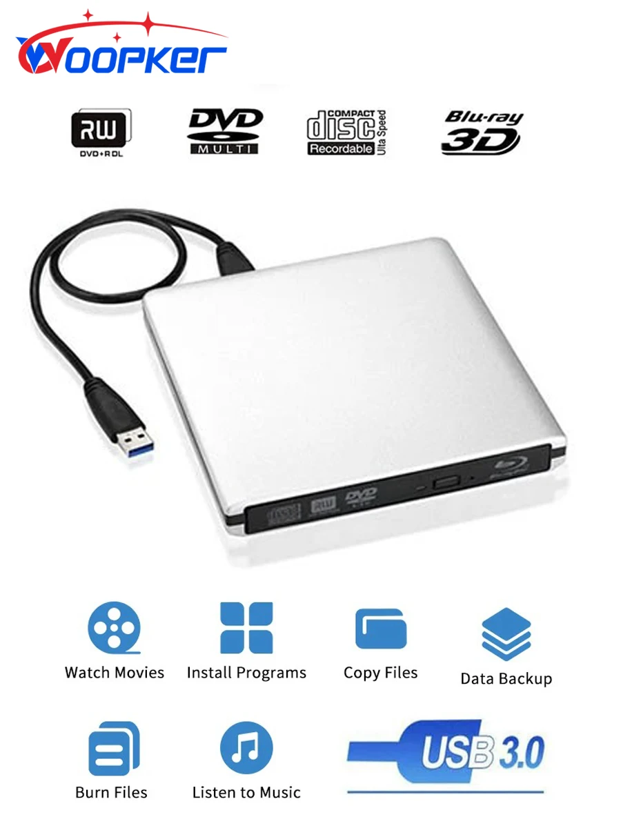 Woopker Blu-ray Player USB3.0 3D Slim Drive DVD Burner DVD+/-RW Reader Media Player for Windows/MAC OS Laptops