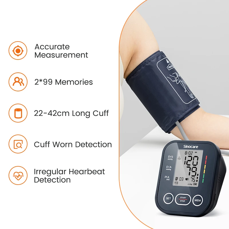 Sinocare Blood Pressure Monitor Digital Blood Pressure Measuring Device Home Use Blood Pressure Meter 22-42cm Long Cuff 2