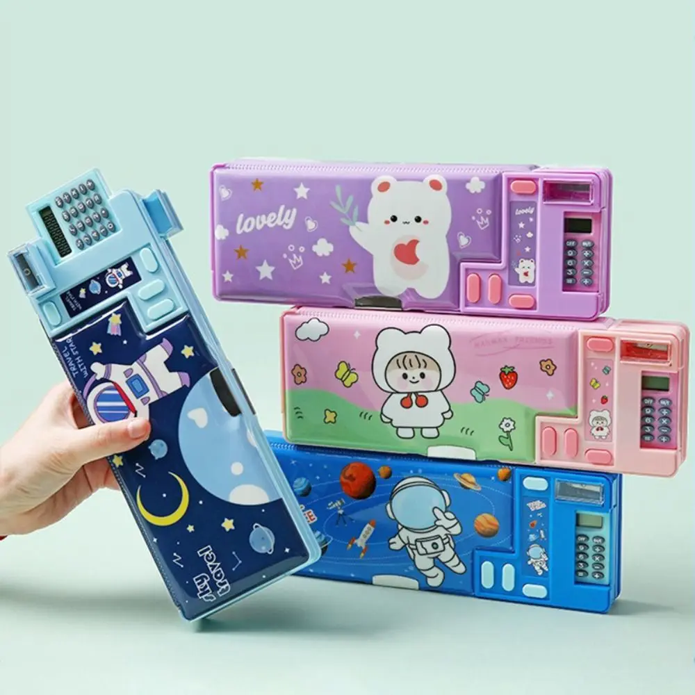 Dual-Sided Fun Mechanism Plastic Pencil Case with Built-In Calculator and Sharpener