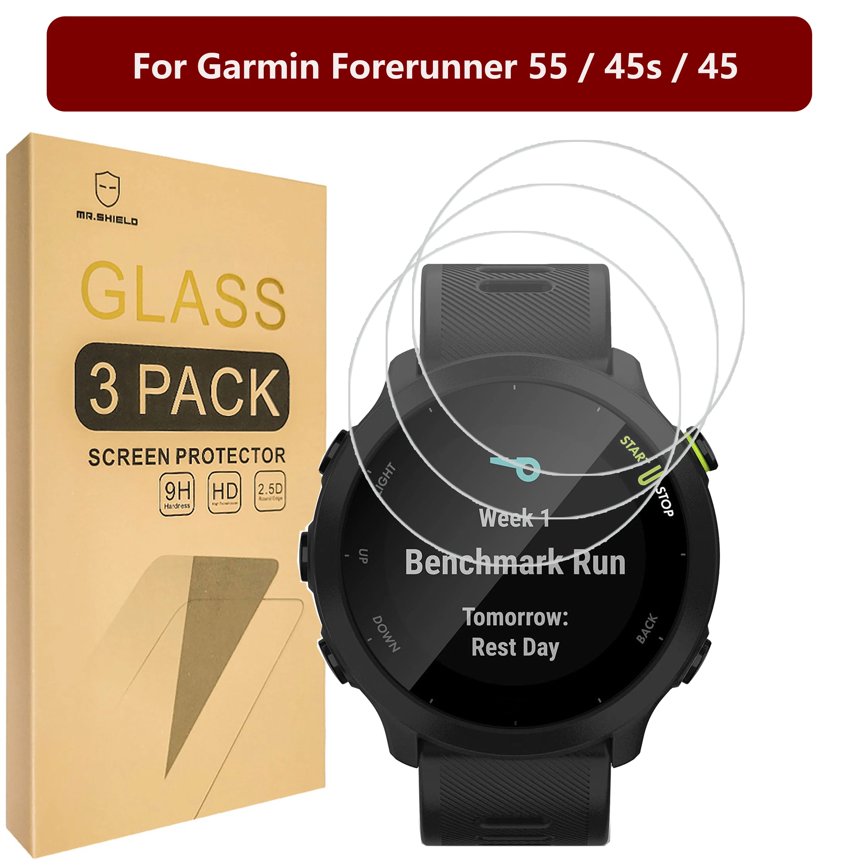 

Mr. Защитный экран совместим с Garmin Forerunner 55 / 45s / 45 [закаленное стекло] [3 шт. в упаковке] [твердость 9H]