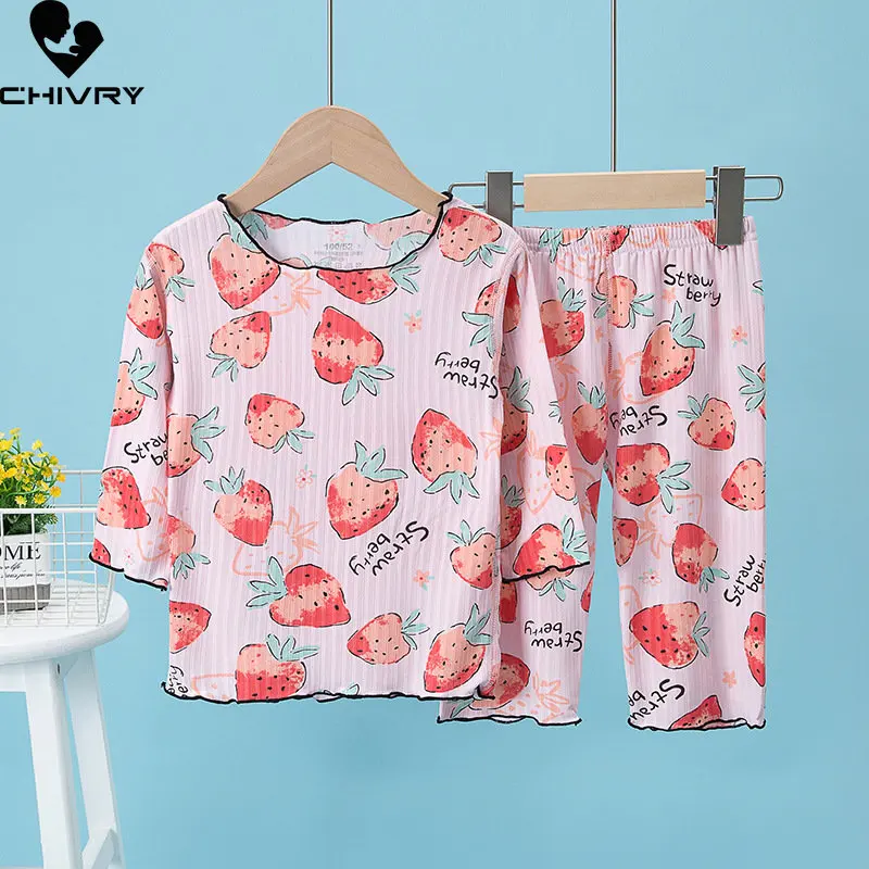 

New 2023 Kids Boys Girls Summer Thin Pajamas Cute Cartoon Three-quarter Sleeve T-Shirt Tops with Pants Baby Pyjamas Loungewear
