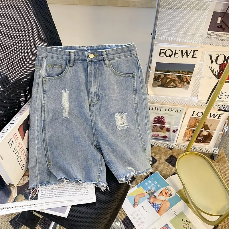 

Hole Ripped Denim Knee Length Pants Women's Summer 2024 New Korean High-waist Straight Split Cycling Pants Middle Pants