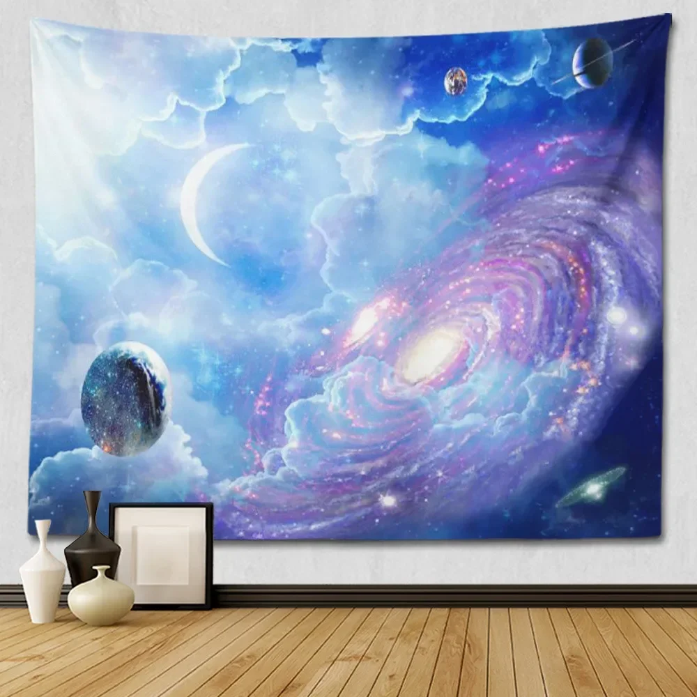 Star Sky Moon Tapestry Hanging Decorative Blue Starry Night Galaxy Universe Large Fabric Wall Tapestry for Bedroom Wall Decor