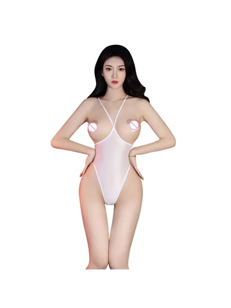 Sexy Women Oil Glossy Shiny High Cut Bodysuit Sheer See Through Open Bust Elastic Tights Bandage Shaping Leotard Hollow Out
