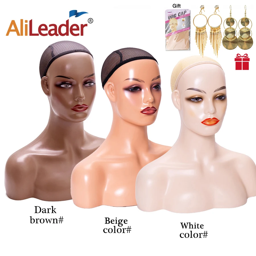Realistic Female Mannequin Head with Shoulder Manikin Head Bust Wig Head for Display Wigs Necklace Earrings Hat dark Brown