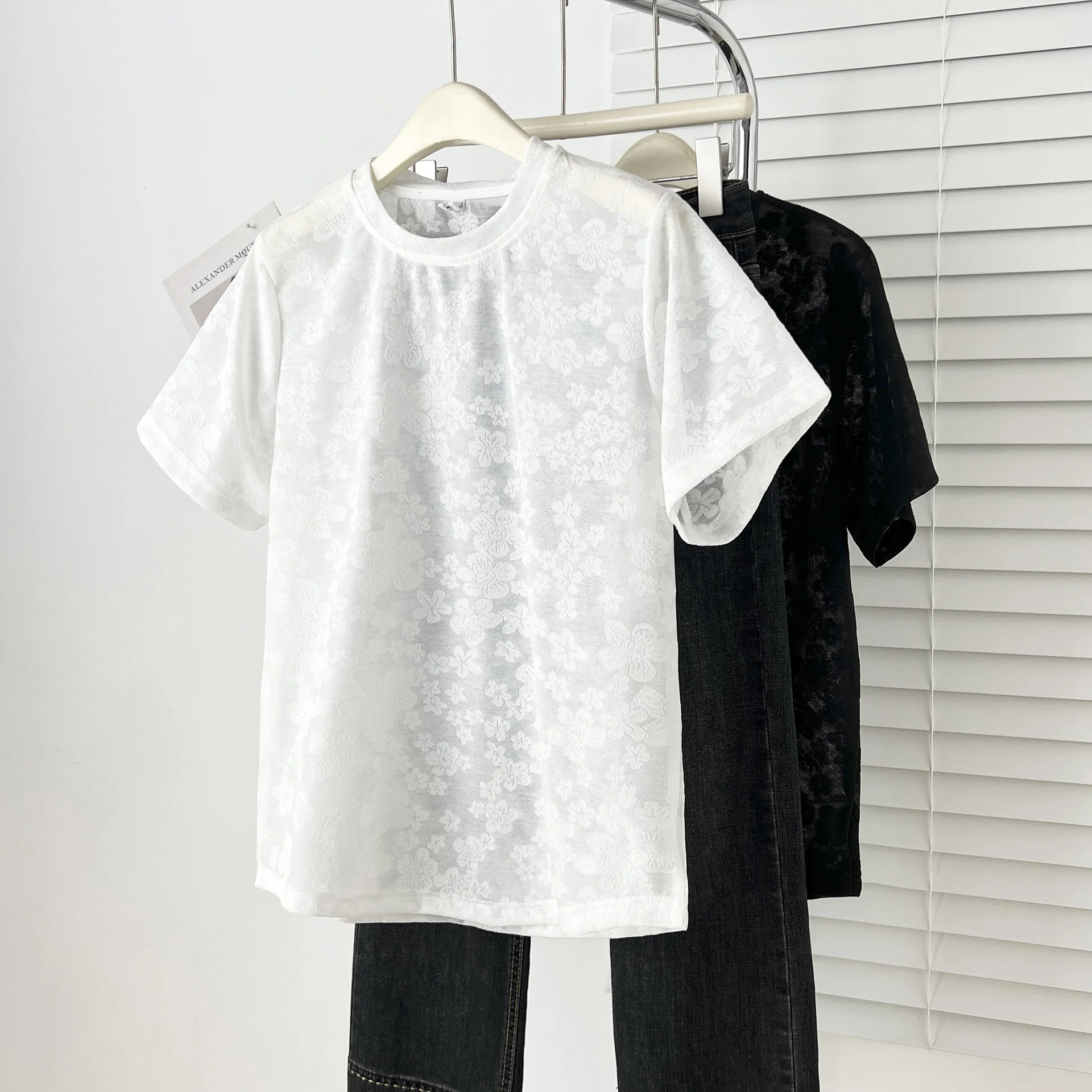 100kg Plus Size Women's Top Summer New Style Casual Collar Lace short-sleeved T-shirt 8018