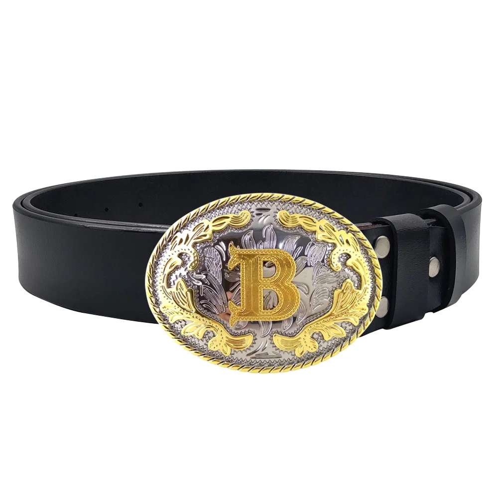 Cheapify Dropshipping New West Initial Letters ABCDEFG to Z Cowboy Rodeo Golden Buckle with Genuine Leather Cowskin Belt for Men