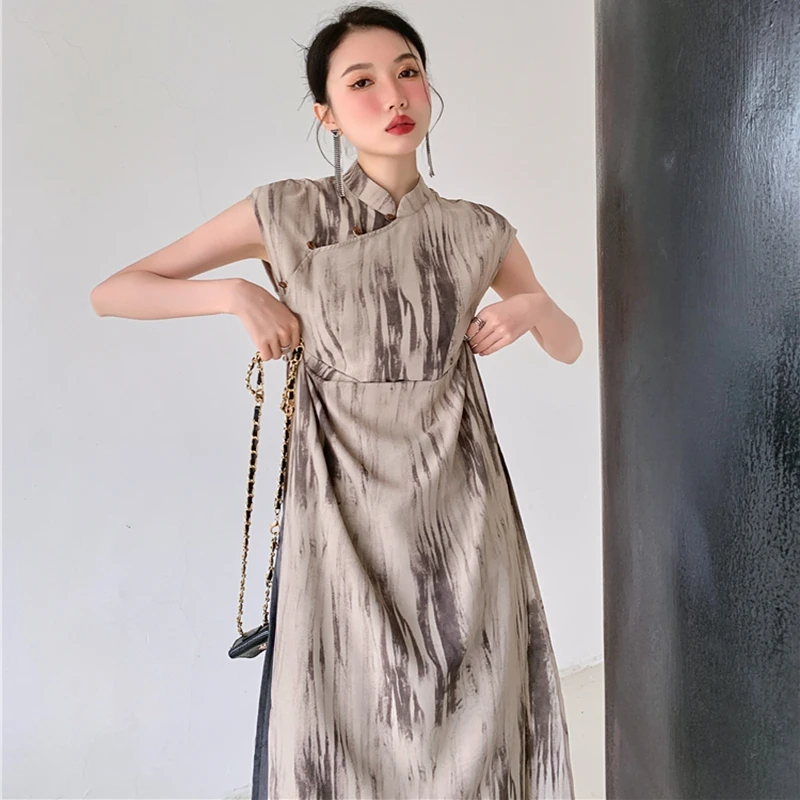 

2023 Dress Printed New Chinese Modified Loose Crew Neck Fashion Versatile Slim Free Shipping