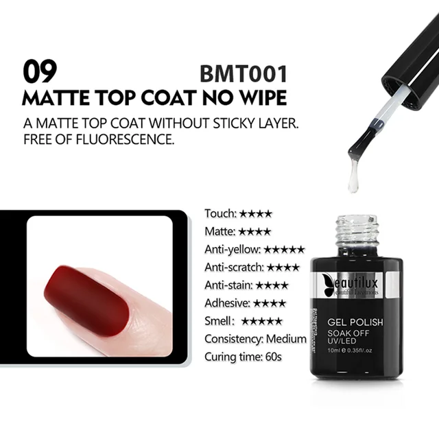 Beautilux Primer Rubber Base Top Coat Velvel Matte Top Coat Nail Art Degisn Clear Blossom Blooming Gel Foil Transfer Gel 10ml Matte Top No Wipe