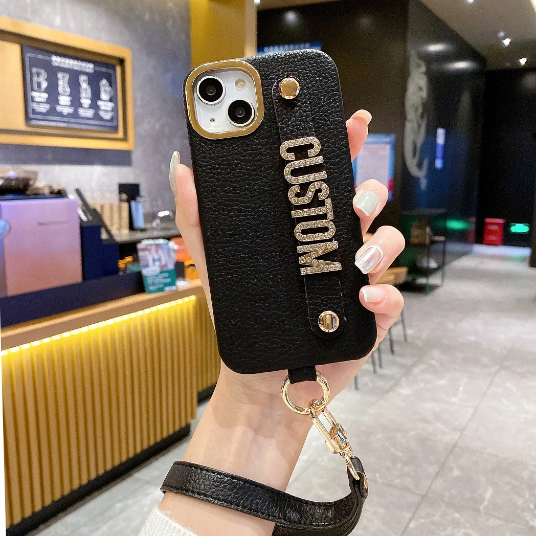 Luxury Rhomb Leather Custom Name Metal Letters Lanyard Phone Case For  iPhone12 13 14 15 Pro Max Phone Holder Personalized Cover