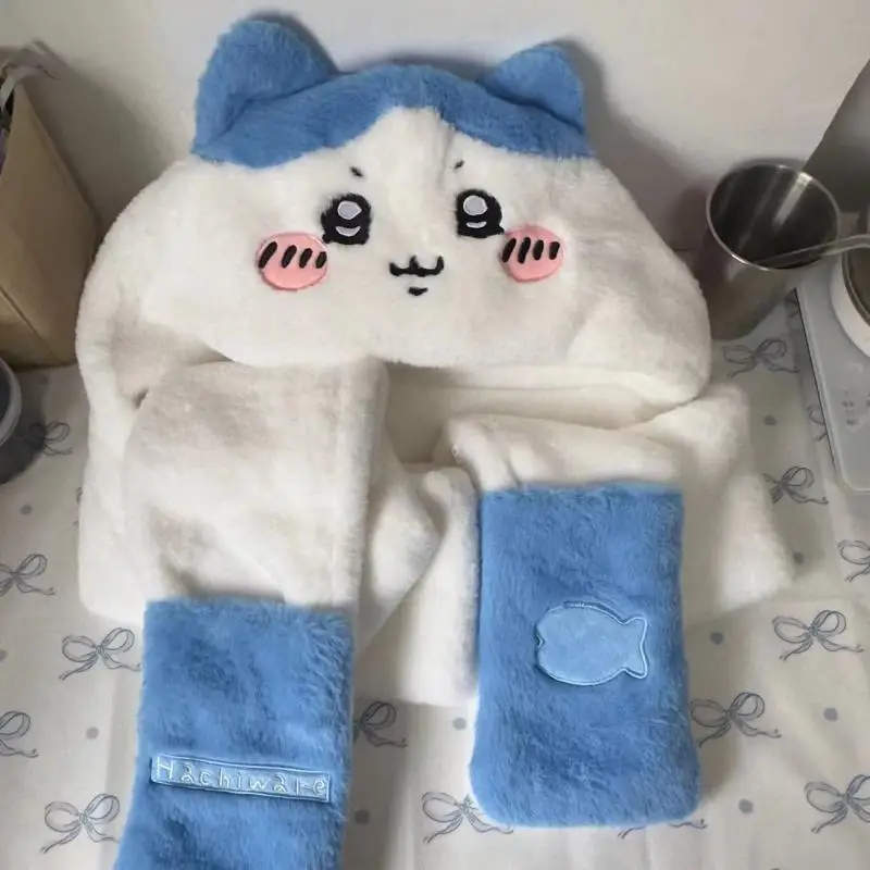 Anime Chiikawas Plush Hat Scarf Gloves Three-In-One Kawaii Hachiware Usage Winter Cold Warmth Thick Cartoon Plush Toys Girl Gift