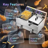 Friteuse Électrique Commerciale Podofo à Double Bac à Huile, Double Valve de Vidange, Minuteur, 3000W, 20L, en Acier Inoxydable, Double Cuve, Friteuse Submersible 4