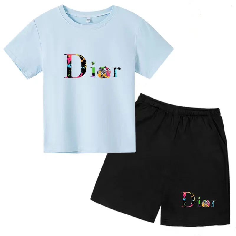 Kids Clothing Set Kids T Shirt Kids Sports Suit Children Sports Suit Kids Summer Monogram Print Top Boys Girls 3-12 Years Old Top + Shorts 2P Casual