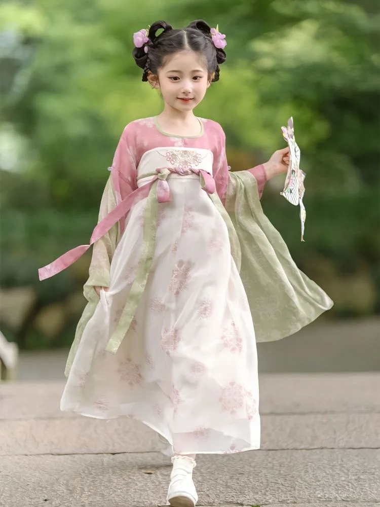 

Children's Hanfu Girls' Spring/Summer Thin Chinese Style Dress Set Tang Dynasty Immortal Han Element Dance Dress