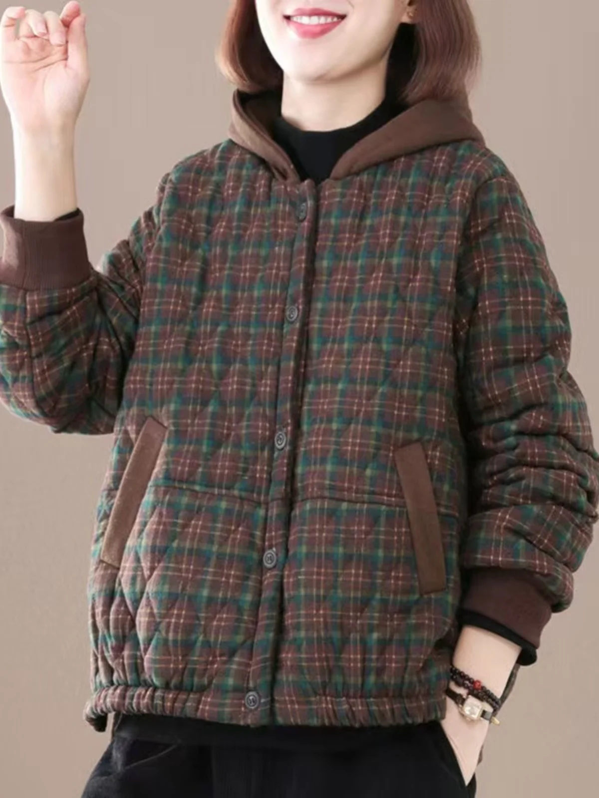 Autumn Winter Plaid Hooded Cotton Jaet Loose Fit Lightweight Warm Coat for Mom Casual Comfortable Long Sve Button up