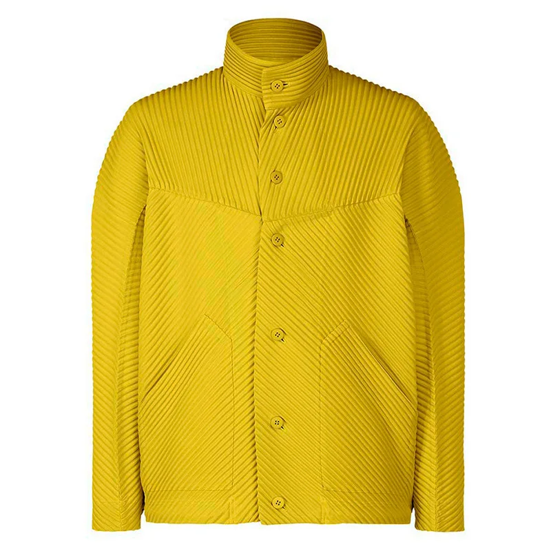 

Miyake Pleated Men's Casual Coat Fashion Simple Loose Standing Collar Long Sleeve Autumn New Short Jacket Top Men Clothing