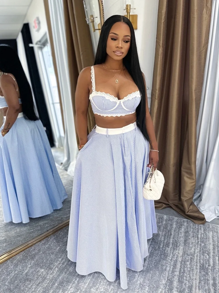 Wmstar 2025 New Summer Woman Light Blue Fashionable Lace Stitched Halter Top High Waist Skirt Stripes Long Dress Two Piece Sets